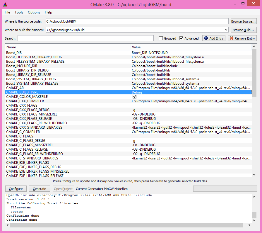 A screenshot of the C Make window after clicking on configure and generate.