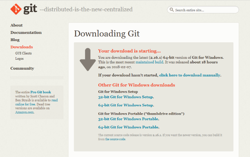 A screenshot of the website to download git that shows various versions of git compatible with 32 bit and 64 bit Windows separately.