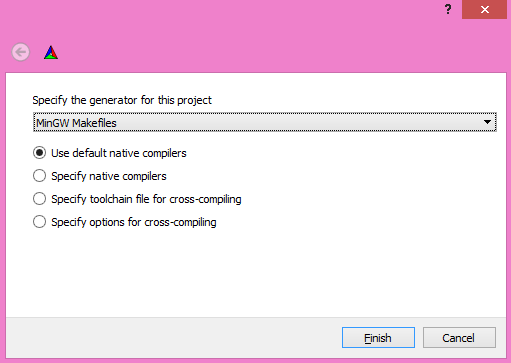 A screenshot that asks to specify the generator for the project which should be selected as Min G W makefiles and selected as the use default native compilers option.