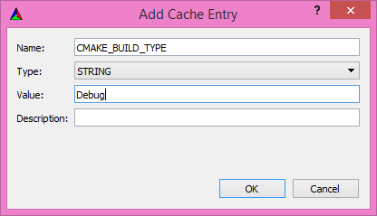 A screenshot of the Cache Entry popup where the name is set to CMAKE_BUILD_TYPE in all caps, the type is set to STRING in all caps and the value is set to Debug.