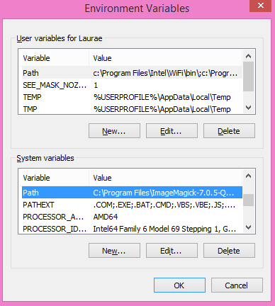 A screenshot of the Environment variables window with variable path selected under the system variables.