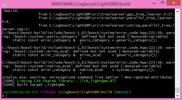 A screenshot of the git bash window with Light G B M successfully installed.