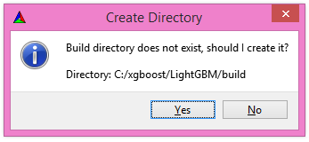 A screenshot with a pop-up window that reads - Build directory does not exist, should I create it?