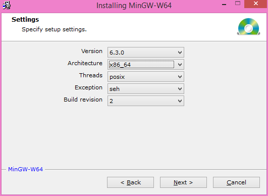 A screenshot of the Min G W installation setup settings window.