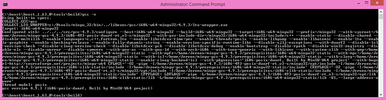 A screenshot of the administrator command prompt where G C C version is being checked.