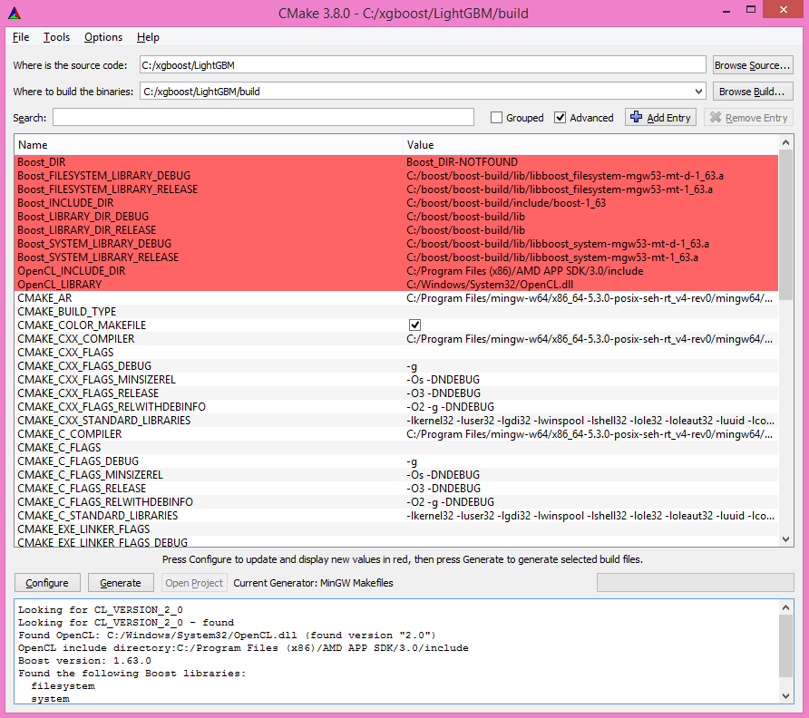 A screenshot of the C Make window after clicking on the configure button.